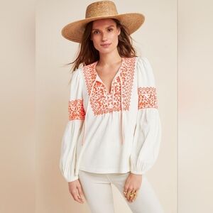 Maeve By Anthropologie Embroidered Cream and Pink Women's Top